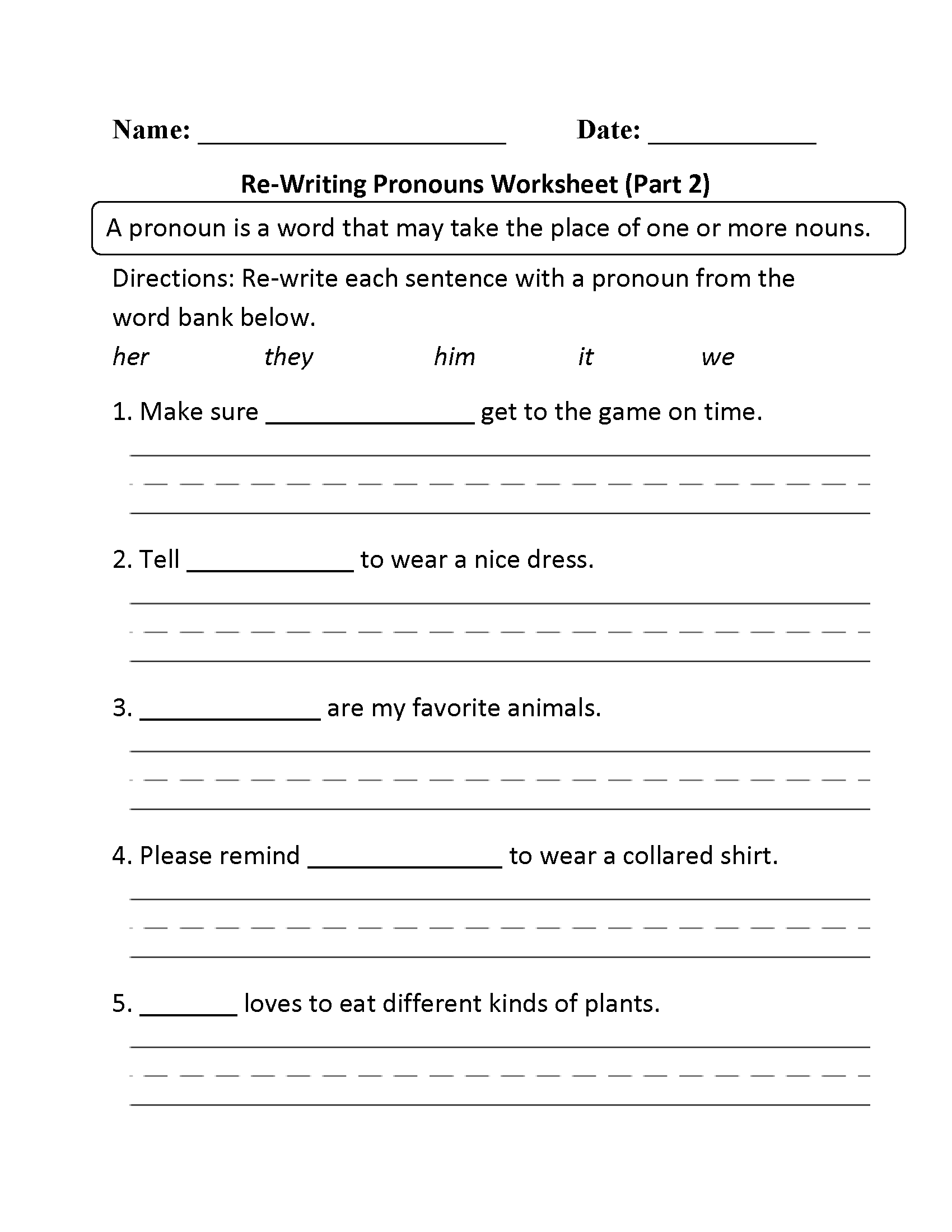 Re-Writing Pronouns Worksheet Part 2