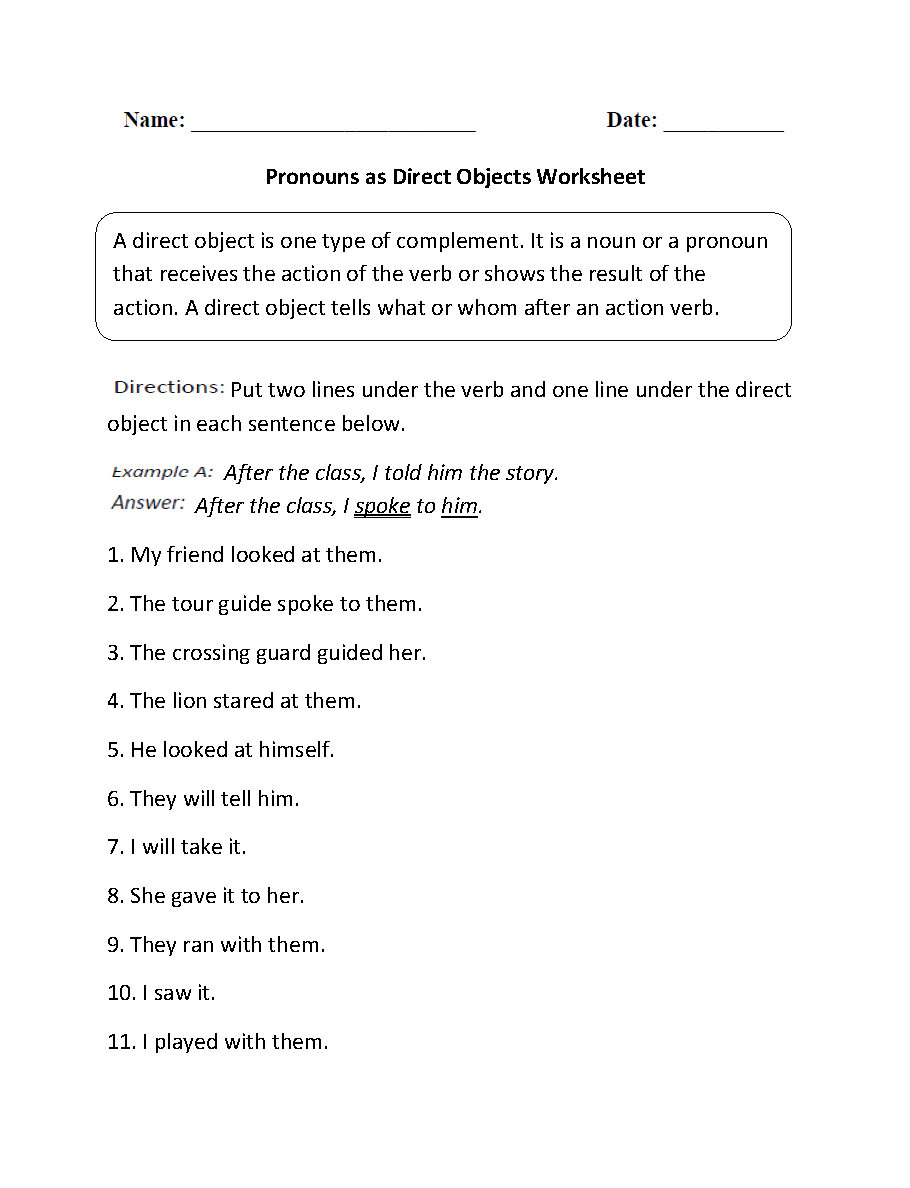 Parts of a Sentence Worksheets  Direct and Indirect Objects  printable worksheets, worksheets, alphabet worksheets, education, and multiplication Action Verb Worksheets 5th Grade 1188 x 910