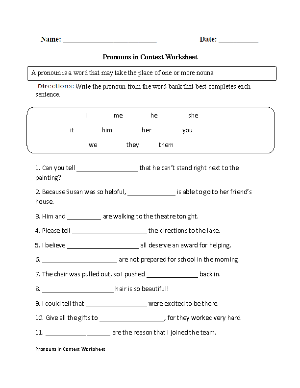 Pronouns in Context Worksheet
