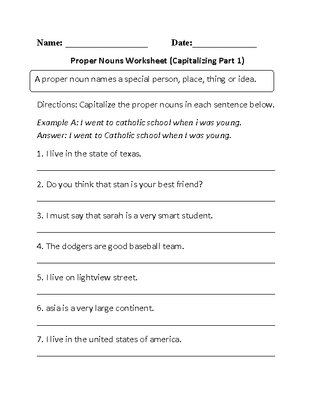 Worksheet About Proper Nouns