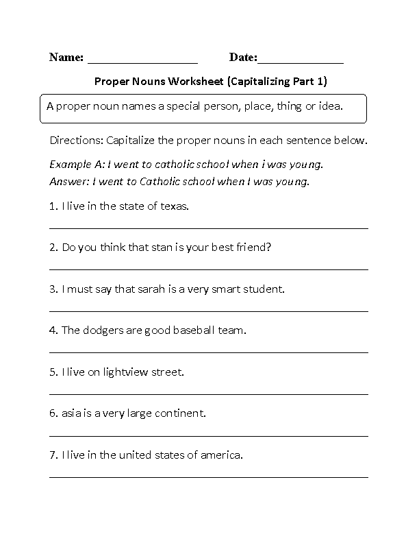 Worksheet Proper Nouns