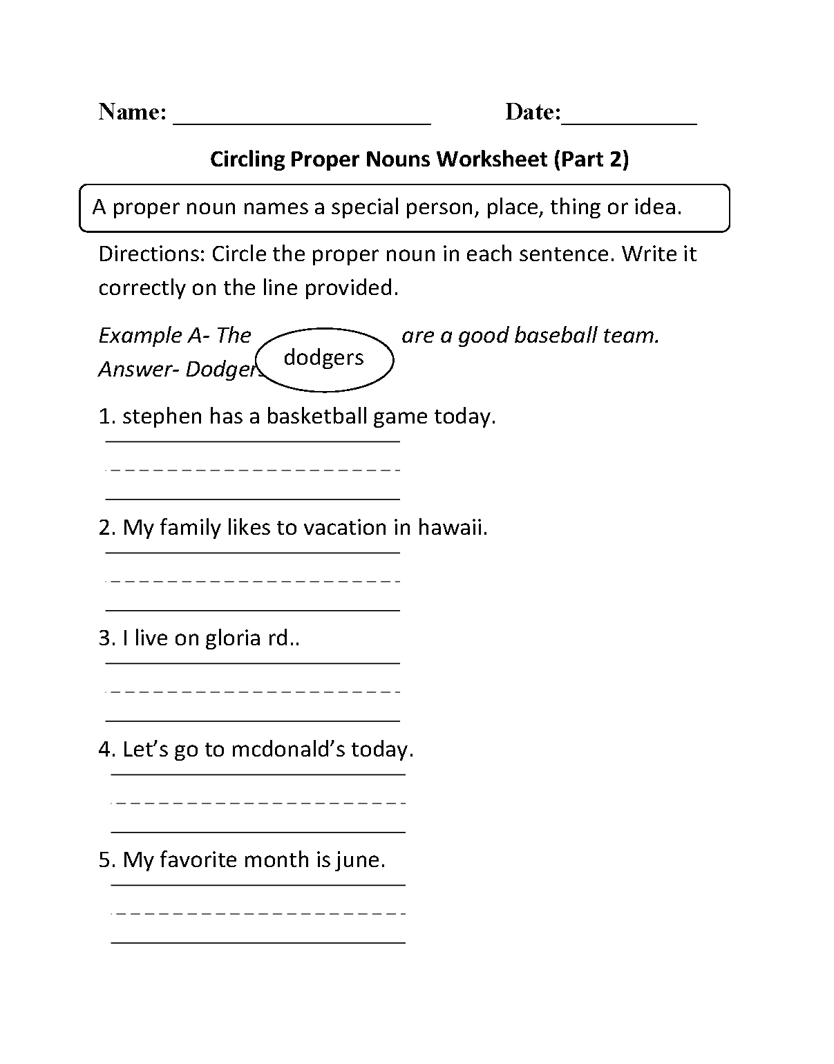 Circling Proper Nouns Worksheet Part 2