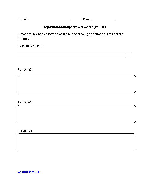 Proposition and Support ELA-Literacy.W.5.1a Writing Worksheet