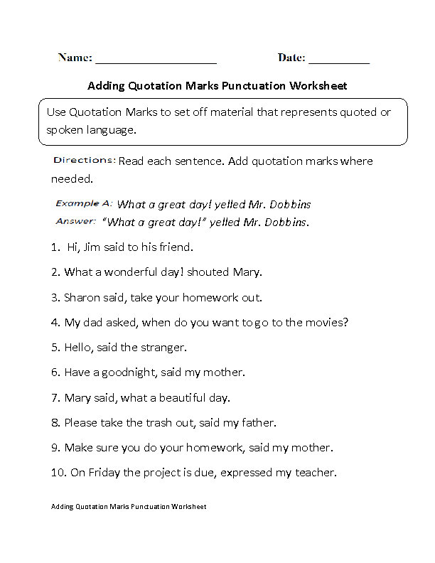 Adding Quotation Marks Worksheet