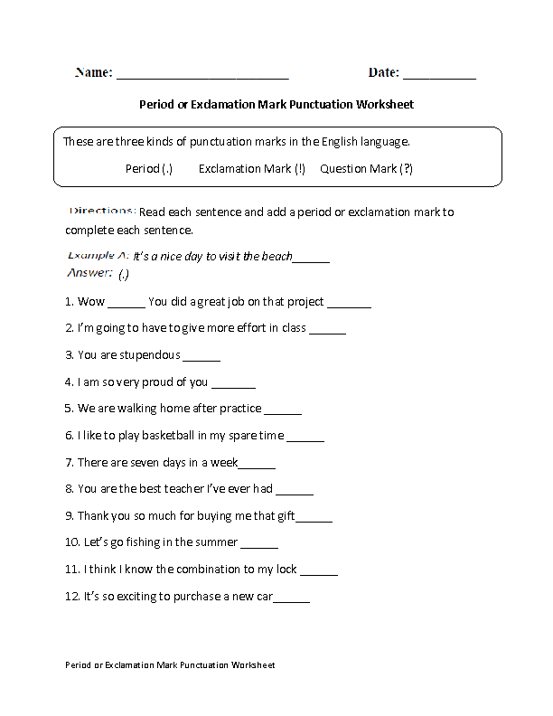 Period or Exclamation Punctuation Worksheet