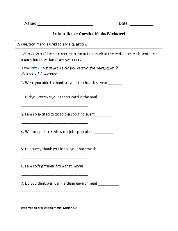 Exclamation or Question Marks Worksheet