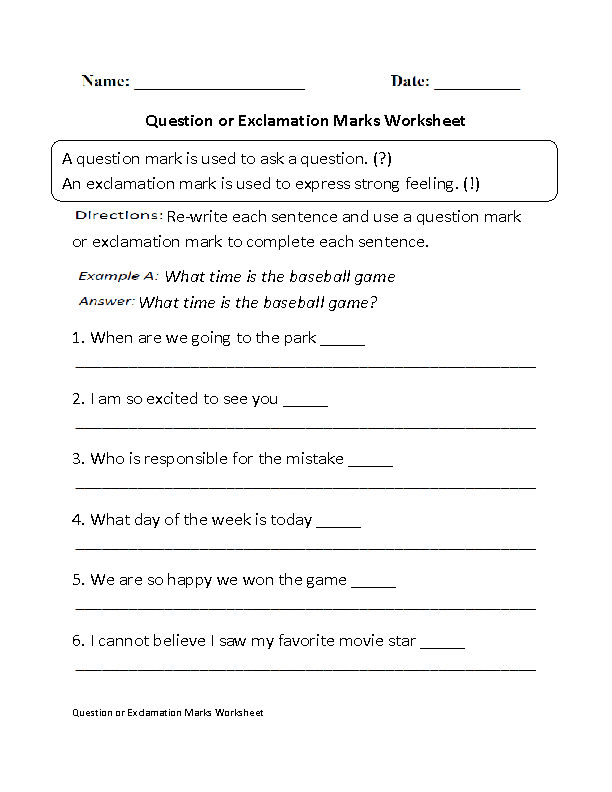 Question or Exclamation Marks Worksheet