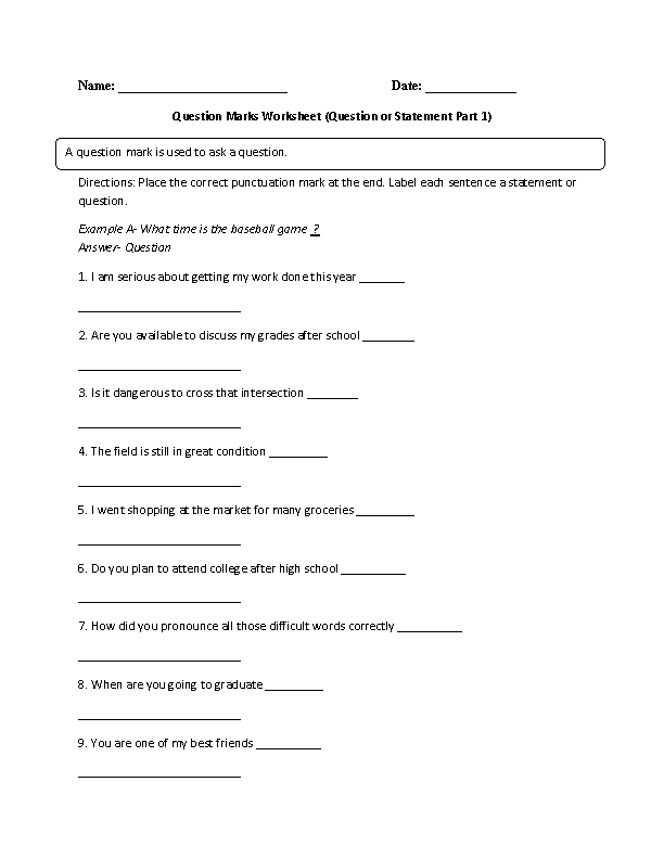 Question and Statement Question Marks Worksheet