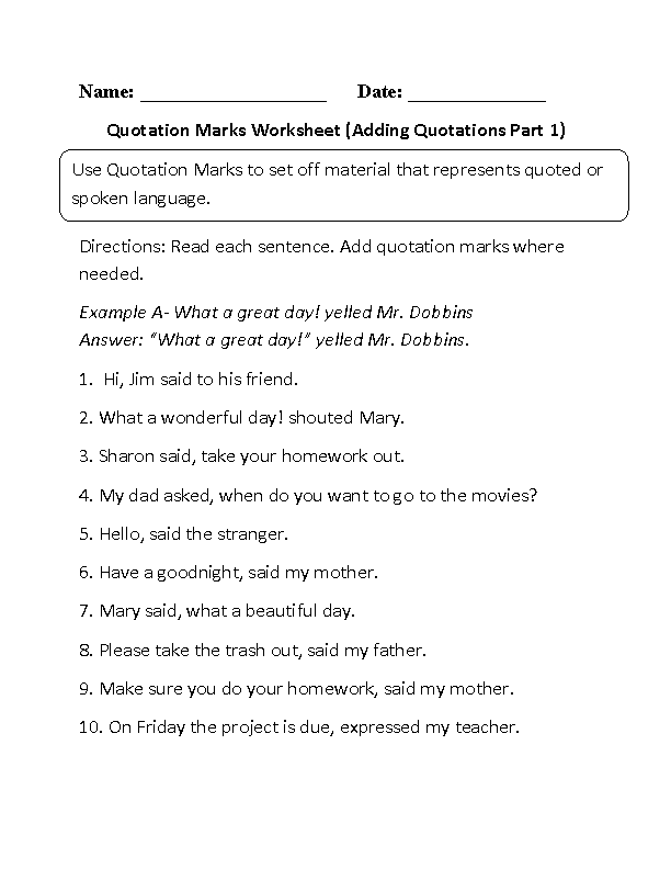 Adding Quotations Quotation Marks Worksheet