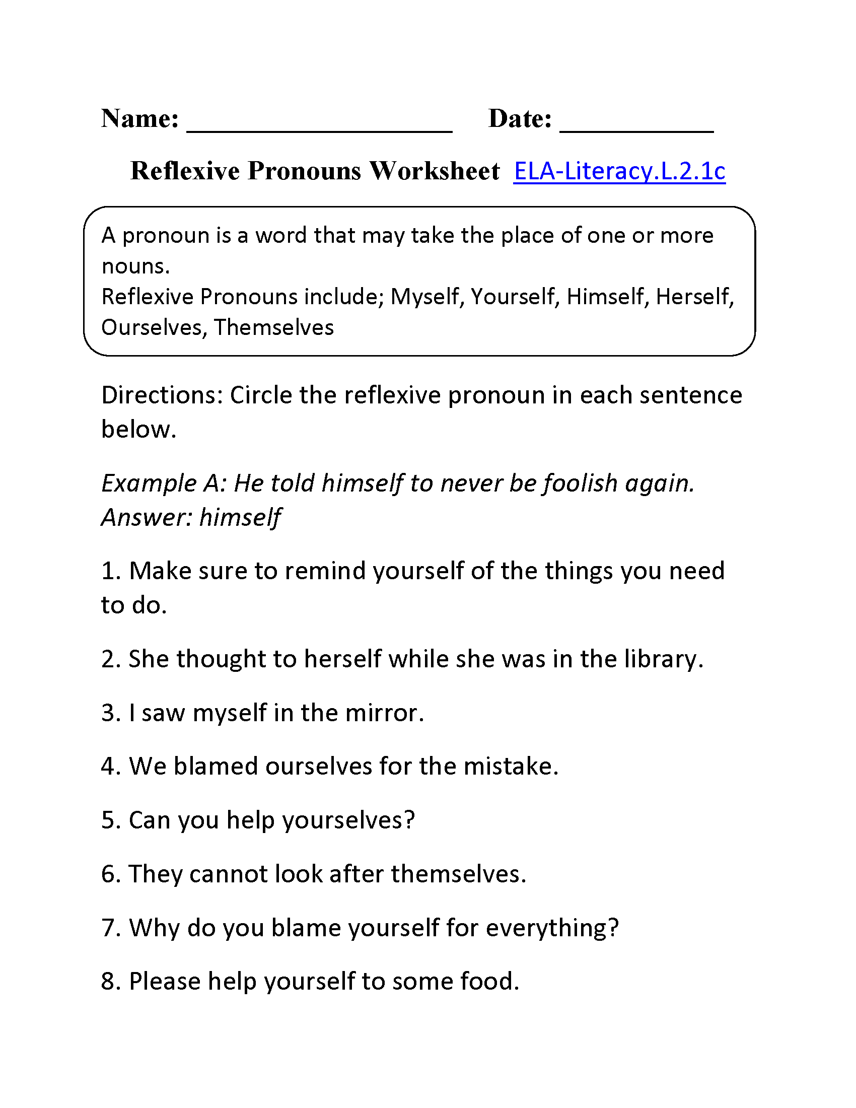 Reflexive Pronouns Worksheet 1 ELA-Literacy.L.2.1c Language Worksheet
