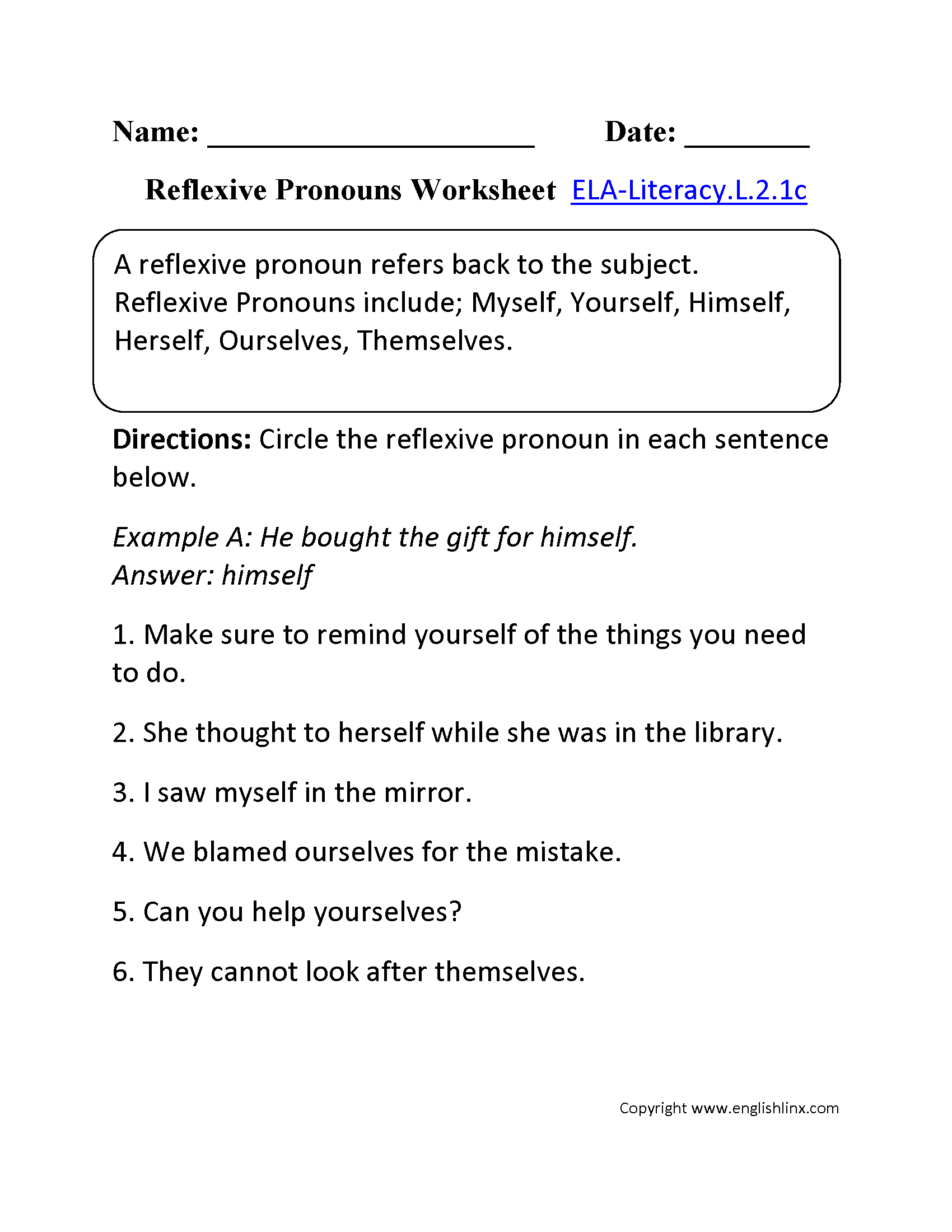 Reflexive Pronouns Worksheet 2 ELA-Literacy.L.2.1c Language Worksheet