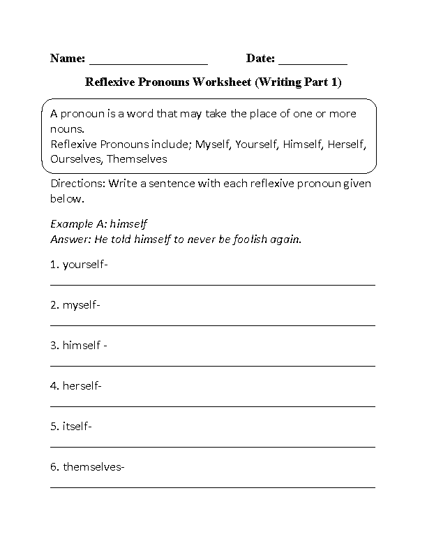 Pronouns Worksheets | Reflexive Pronouns Worksheets