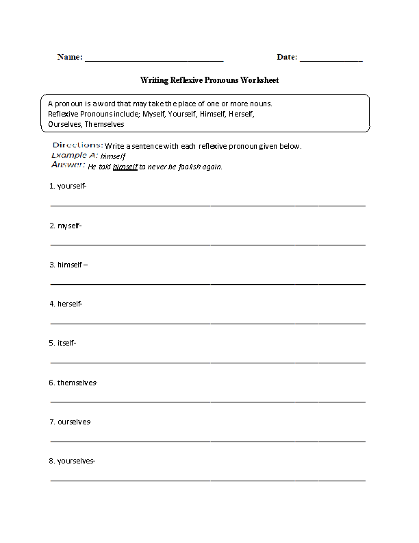 Writing Reflexive Pronoun Worksheet