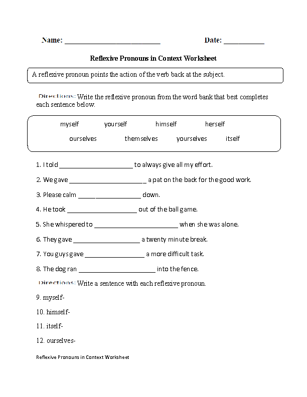 Reflexive Pronoun Worksheets For Grade 4