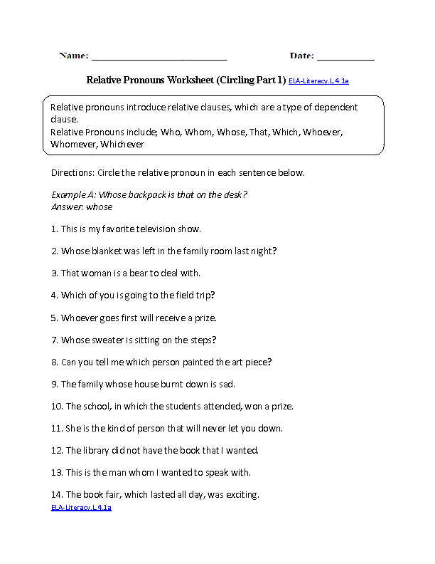 Relative Pronouns 1 ELA-Literacy.L.4.1a Language Worksheet