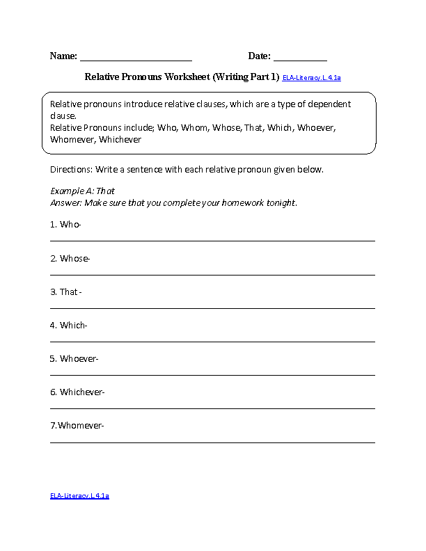 Relative Pronouns Worksheet For 4th Grade