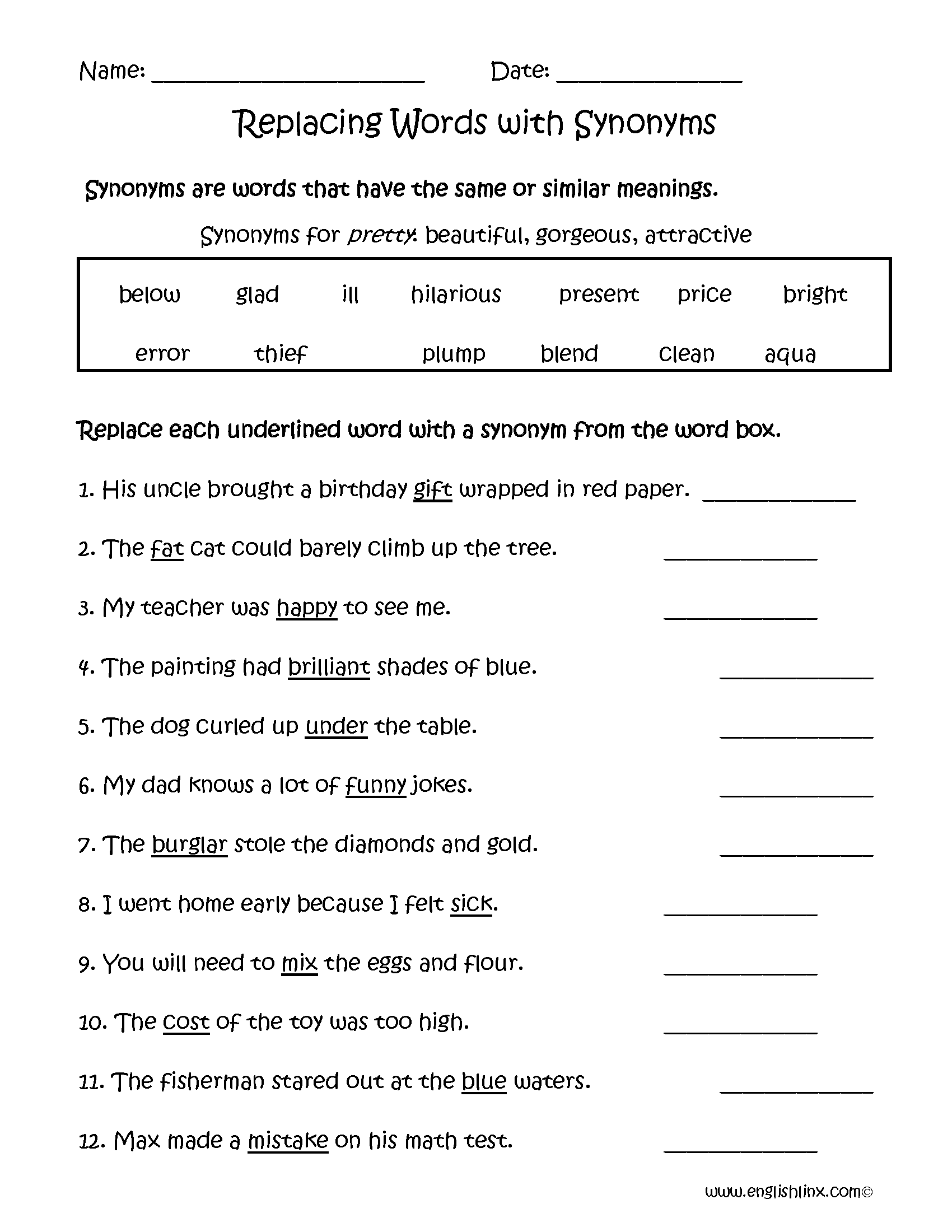 Synonyms Worksheets