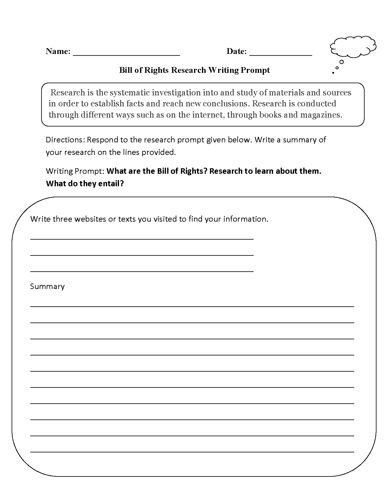 Bill of Rights Research Writing Prompts Worksheet