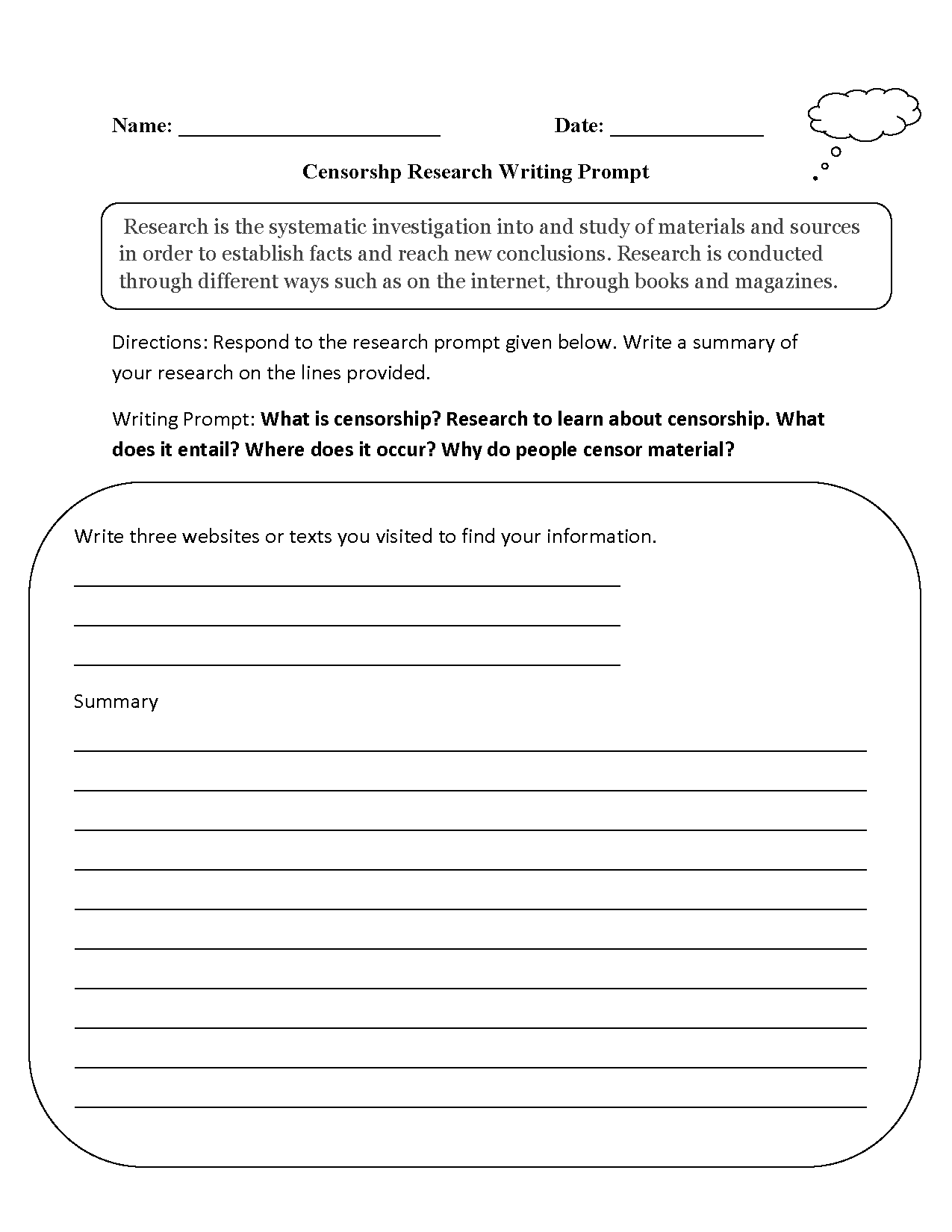 Censorship Research Writing Prompts Worksheet