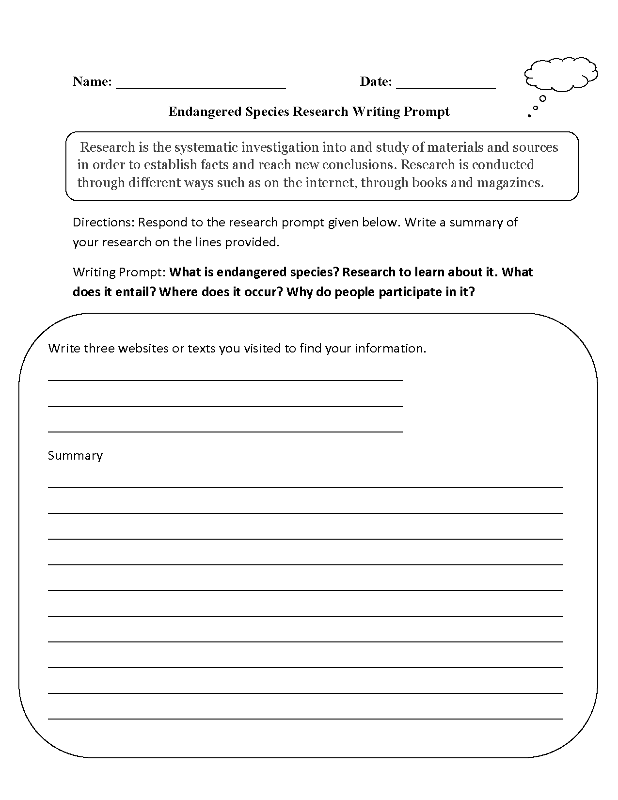 Endangered Species Research Writing Prompts Worksheet