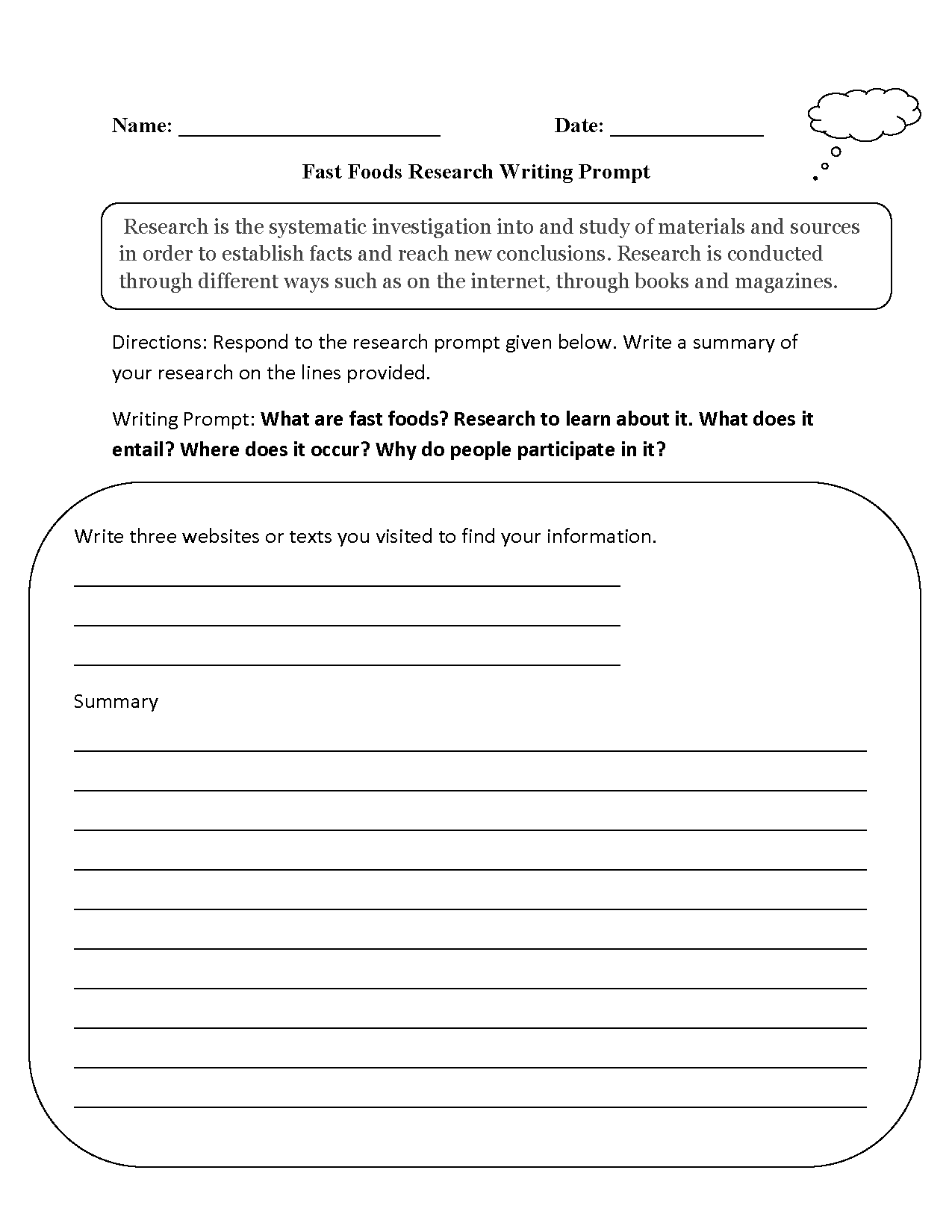 Fast Foods Research Writing Prompts Worksheet