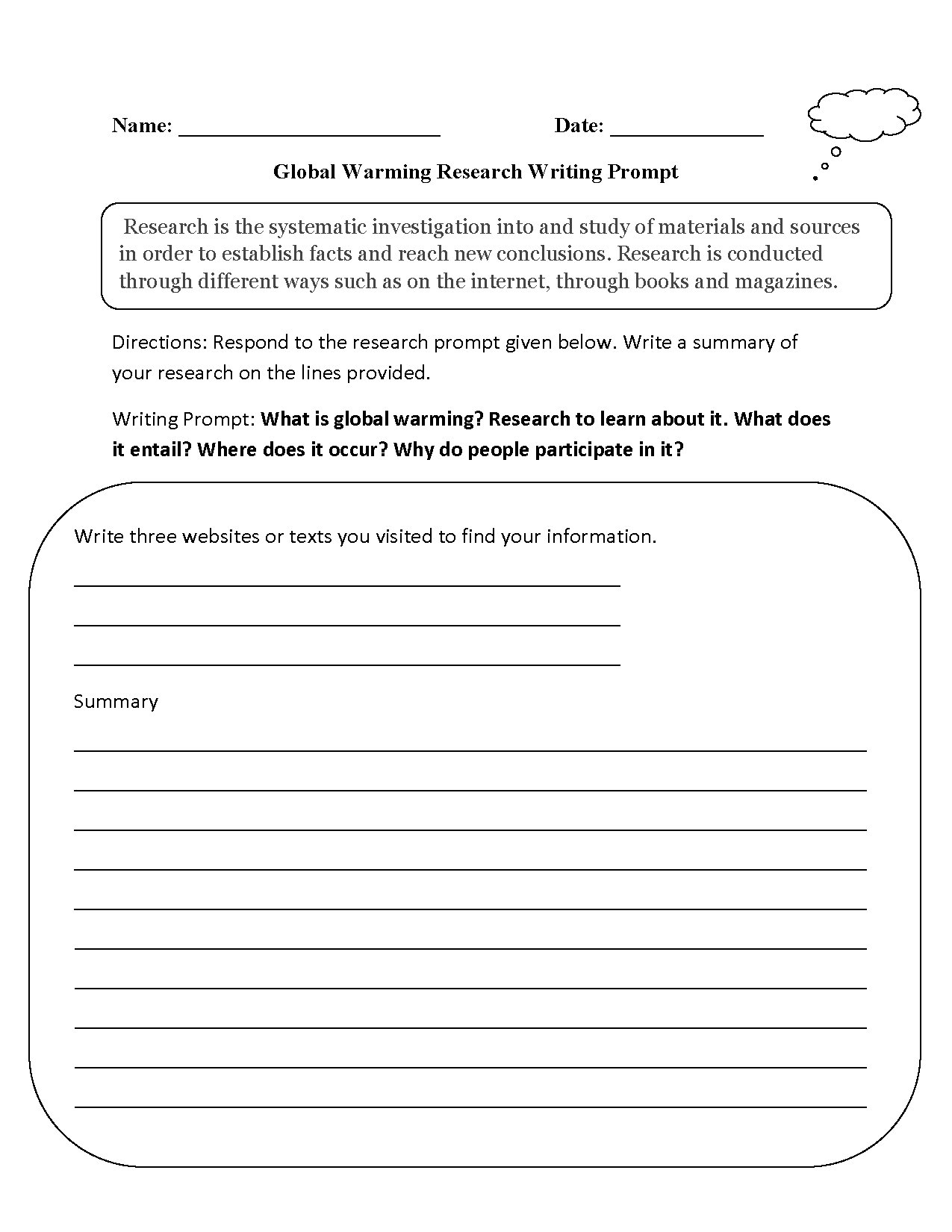 Global Warming Research Writing Prompts Worksheet