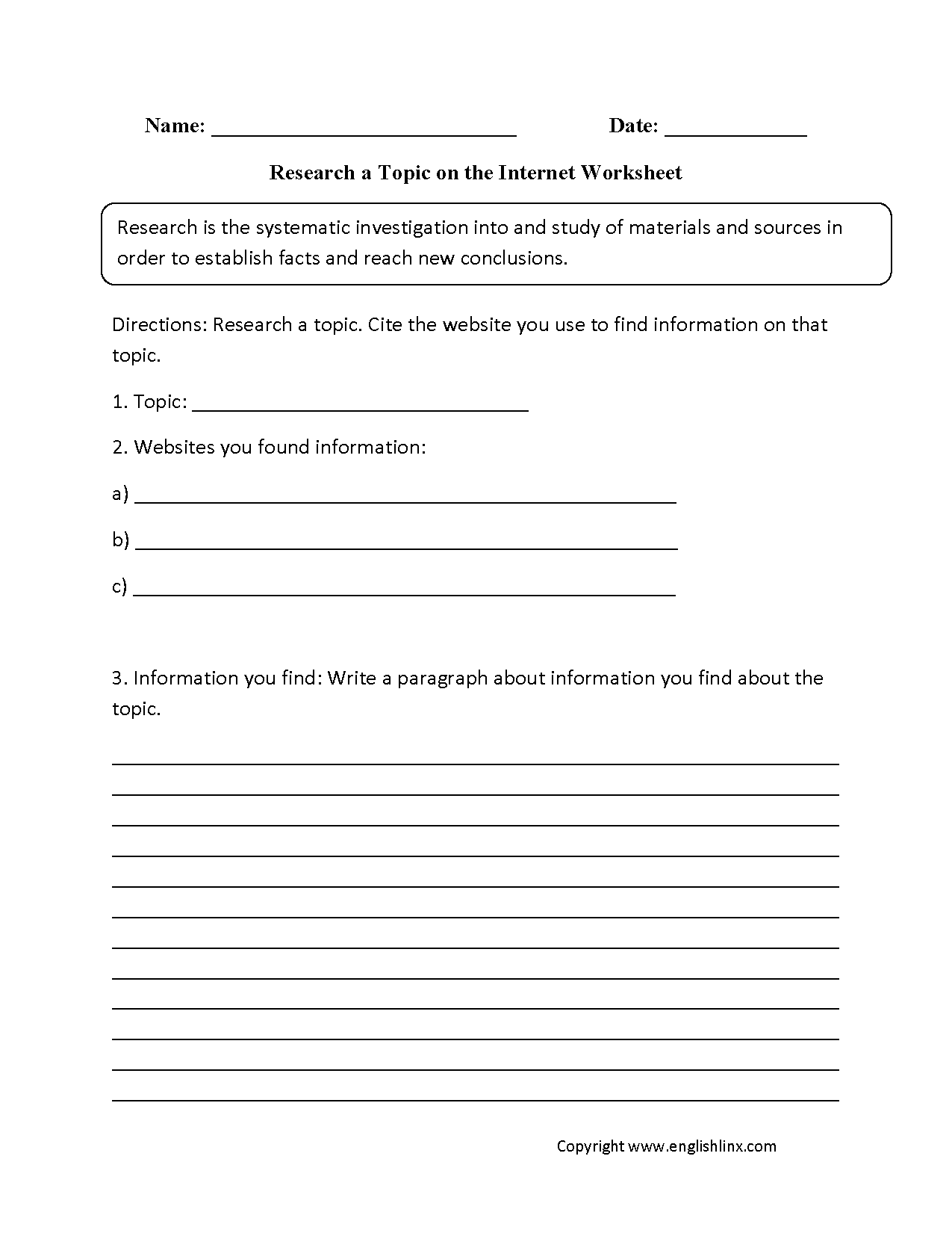Research Worksheets | Research a Topic on the Internet Worksheet