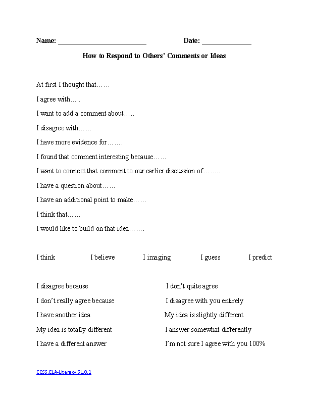 Respond to Comments CCSS.ELA Literacy.SL.8.1 Speaking and Listening Worksheet