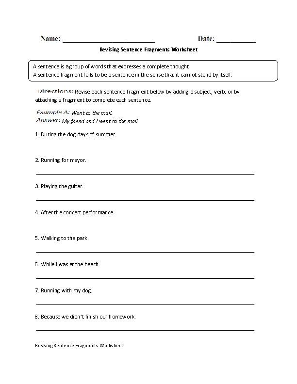 Sentence Fragment Worksheet