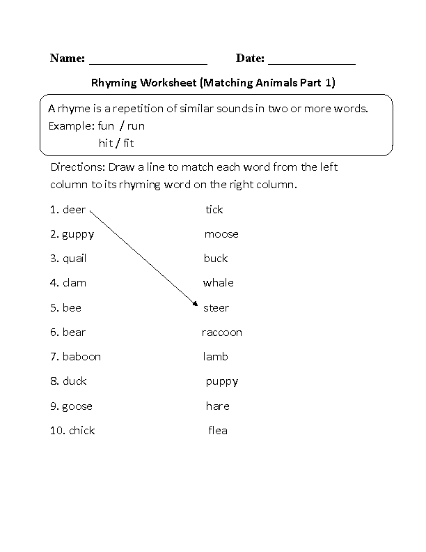 Matching Animals Rhyming Worksheet