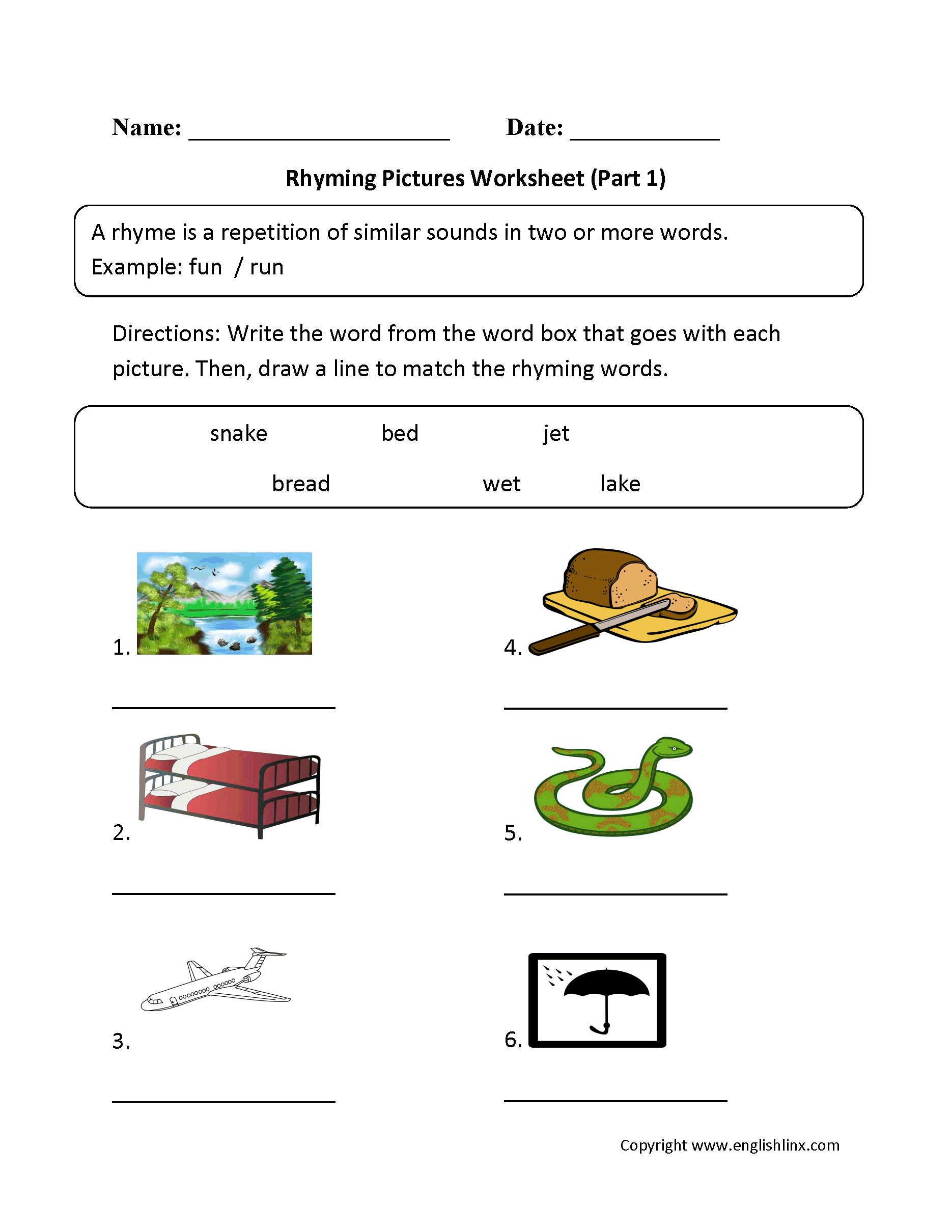 Rhyming Pictures Worksheets Part 1