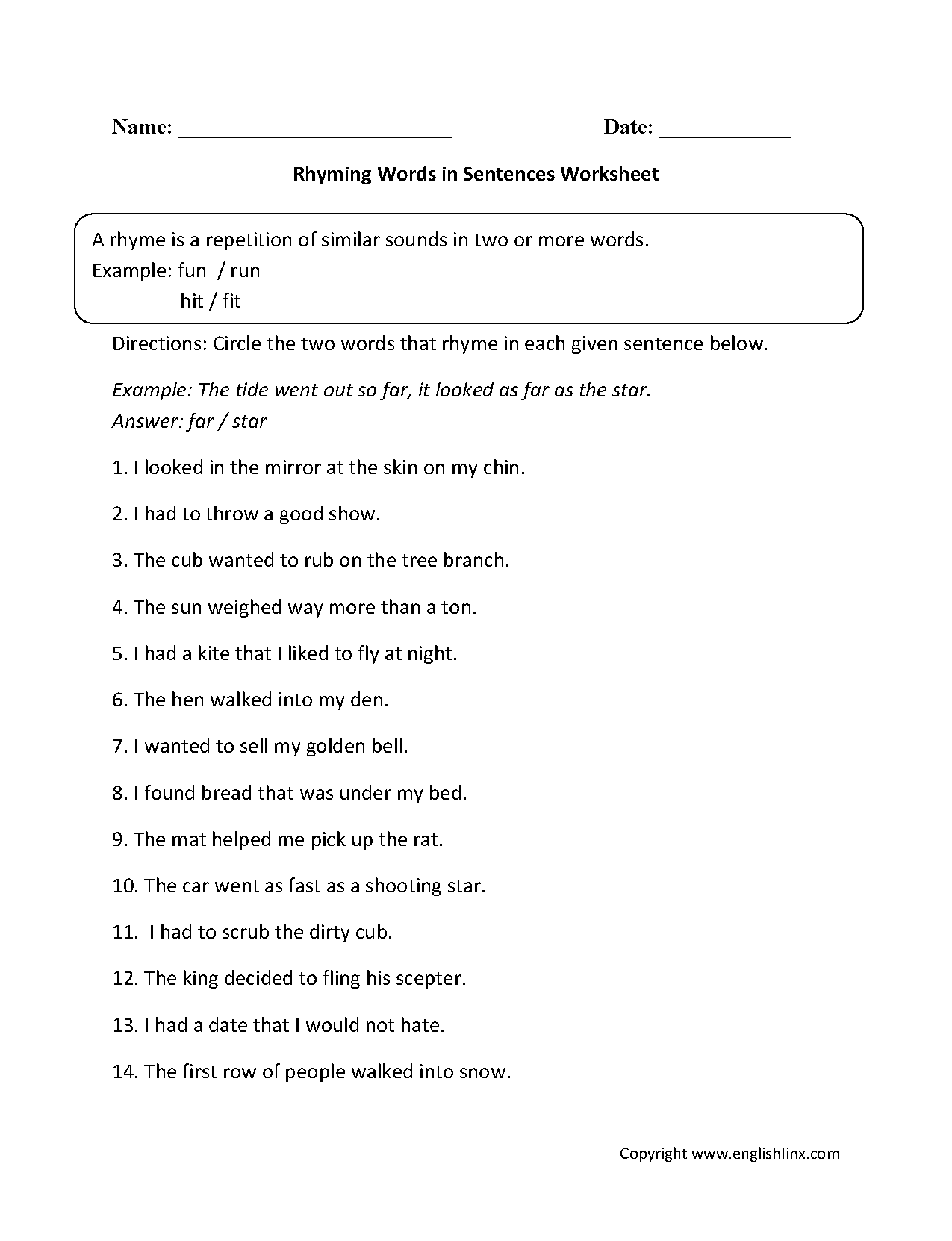 Rhyming Words Worksheet For 2nd Grade