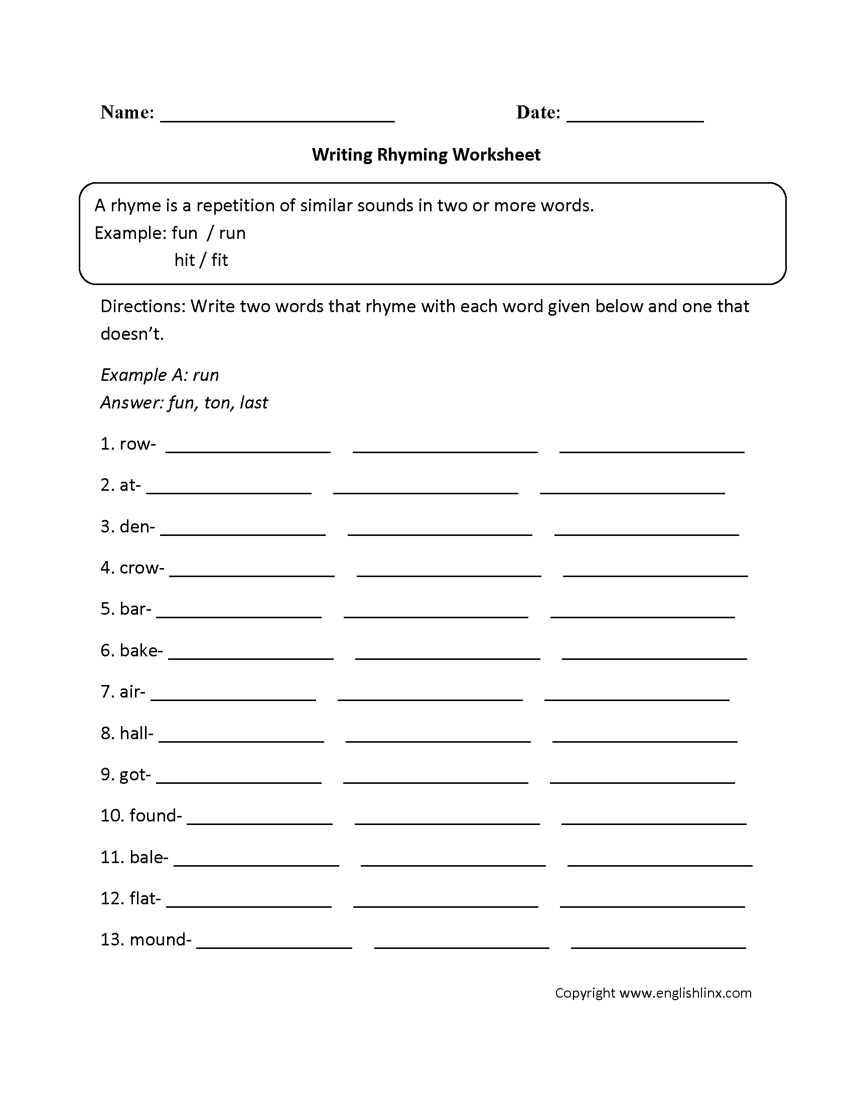 Writing Rhyme Worksheet