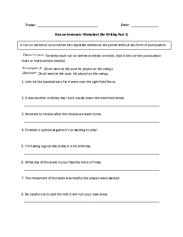 Fixing Run on Sentences Worksheet