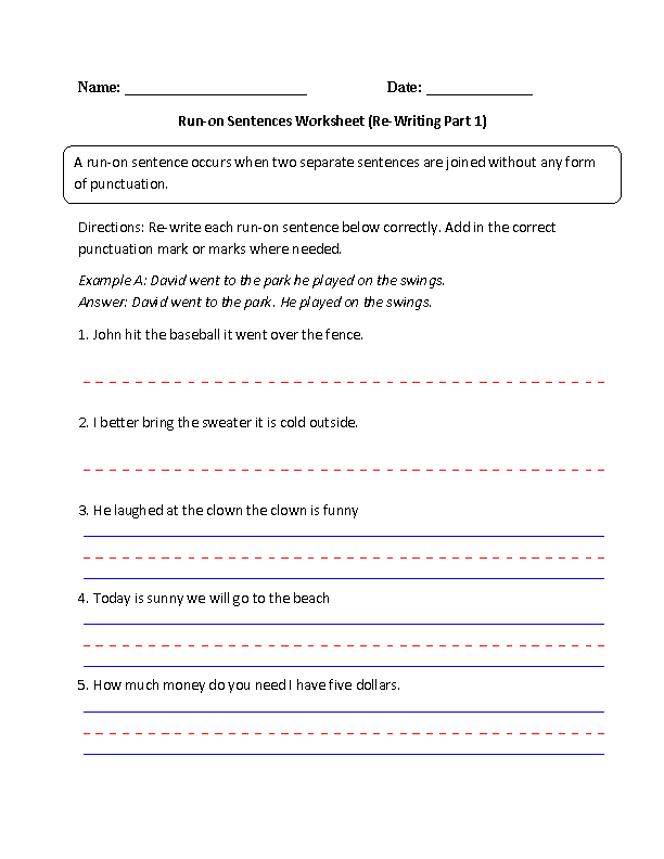 Re-Writing Run on Sentences Worksheet Part 1