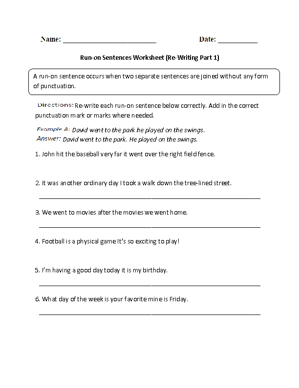 Run On Sentence Correction Worksheet