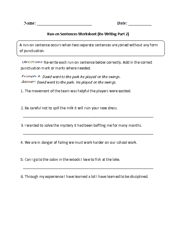 Correcting Run on Sentences Worksheet Part 2