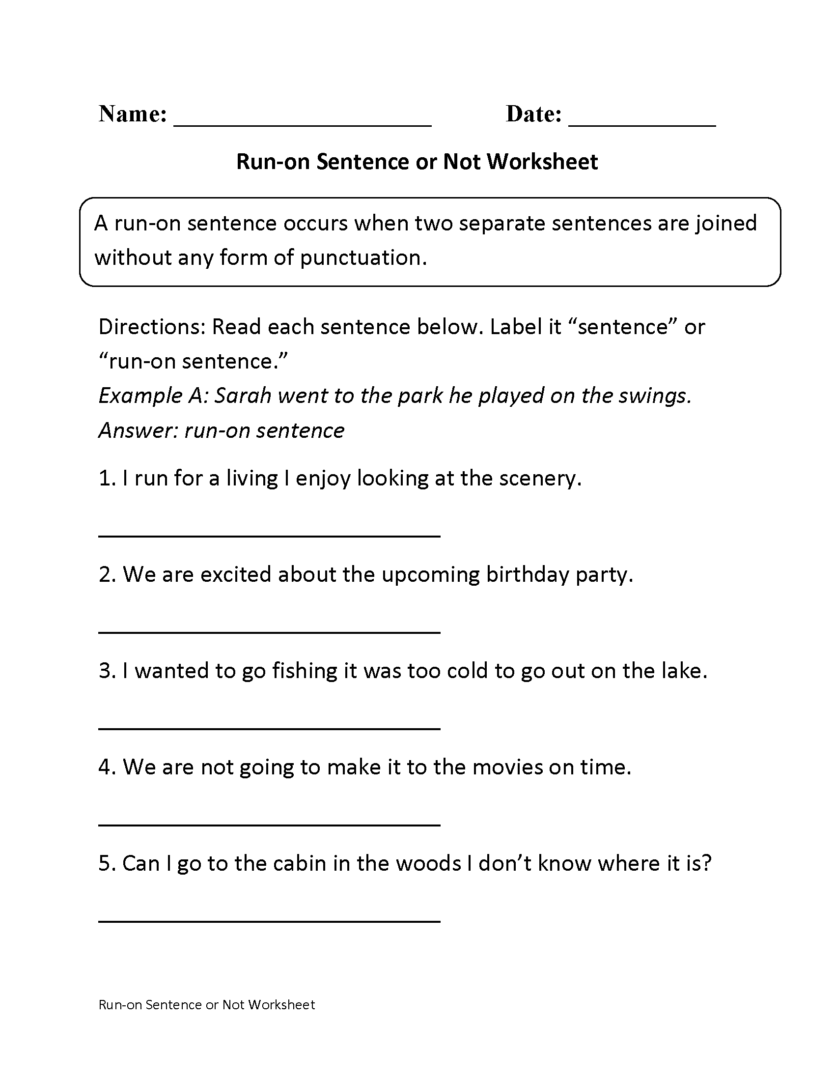 Run on Sentence or Not Worksheet