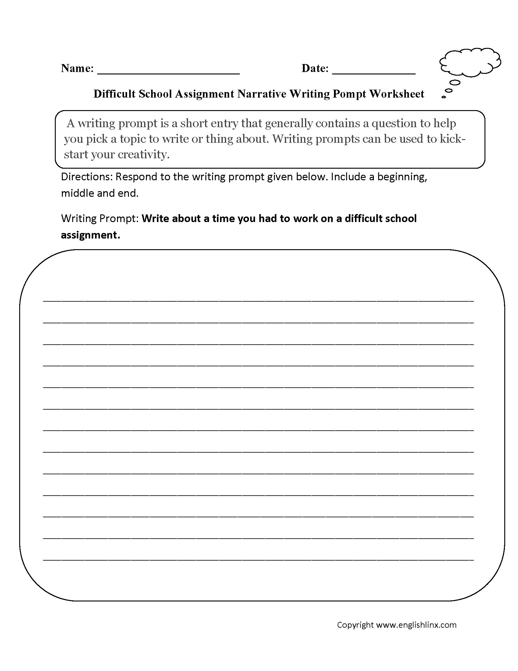 School Narrative Writing Prompt Worksheet