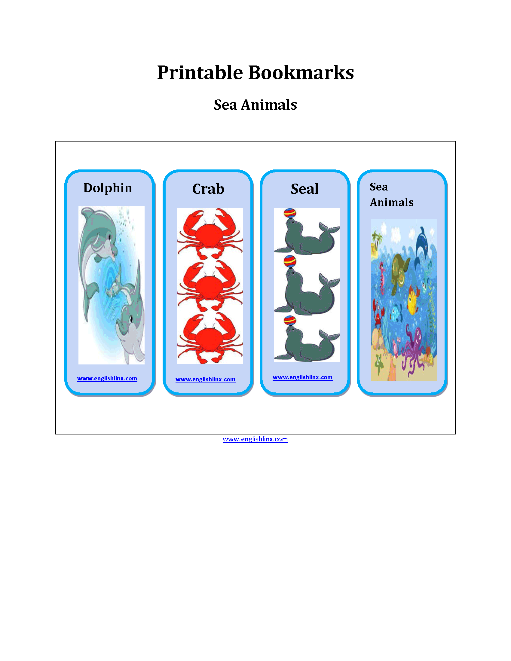Sea Animals Printable Bookmarks Worksheets