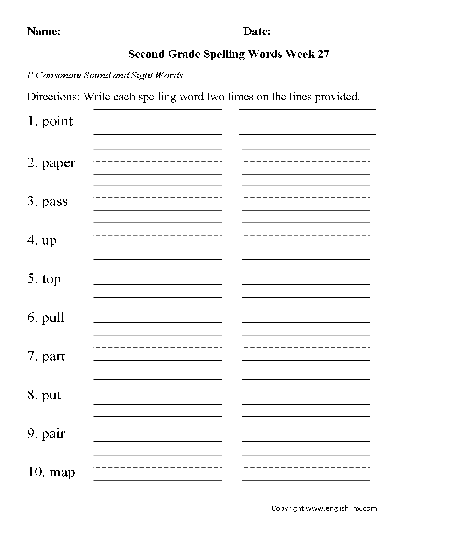 Week 27 P Consonant Second Grade Spelling Worksheets