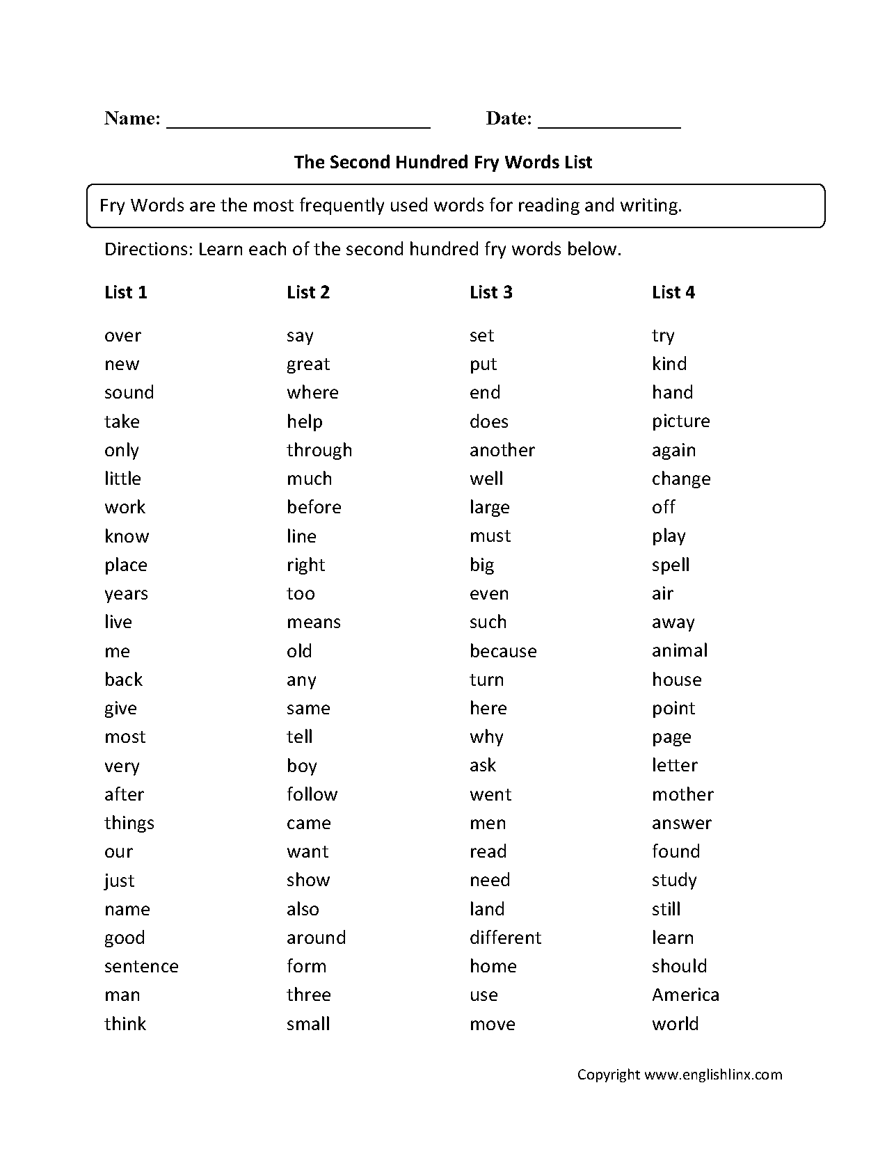 Second Hundred Fry Words List Worksheets