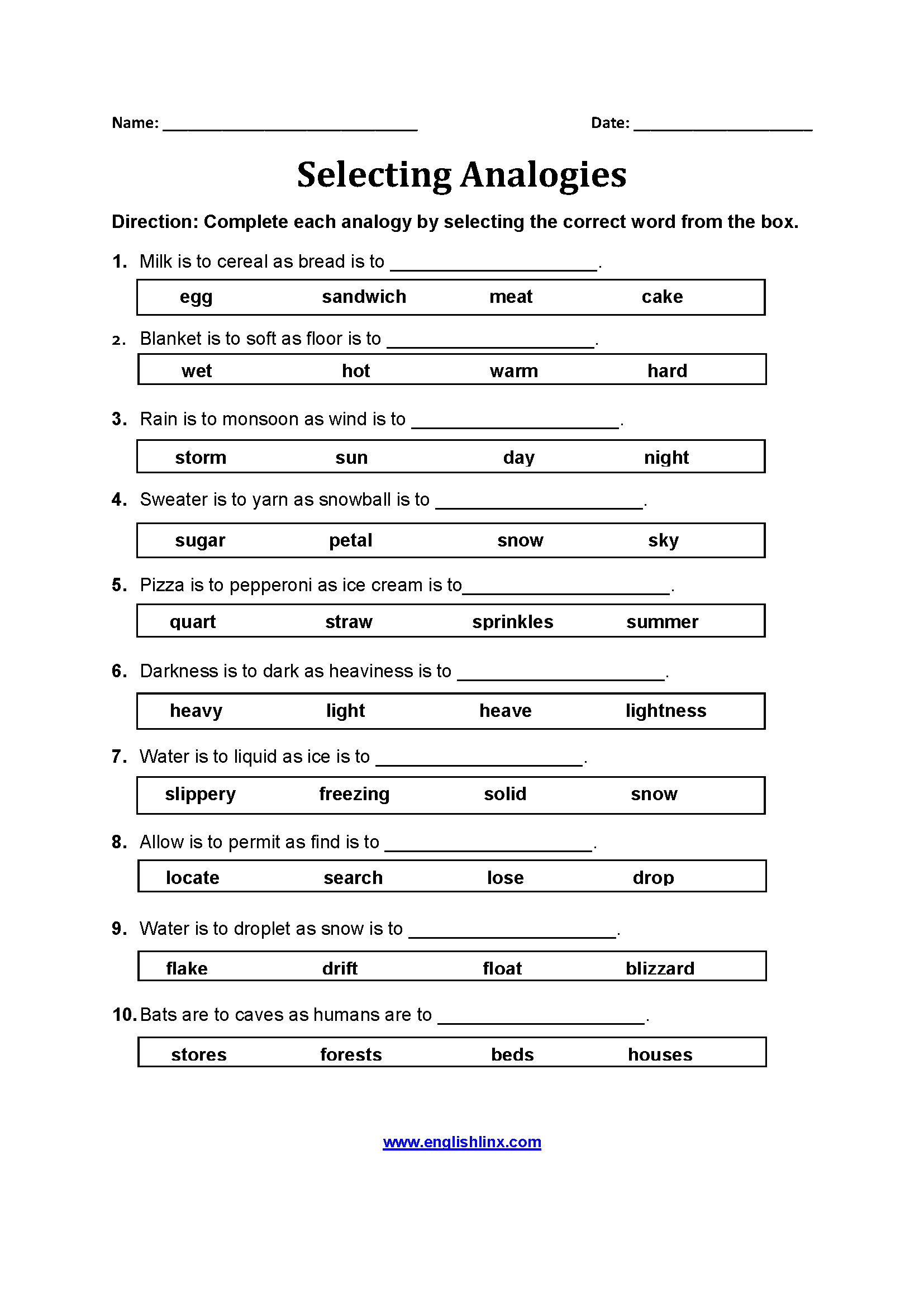 Analogy Examples Worksheet