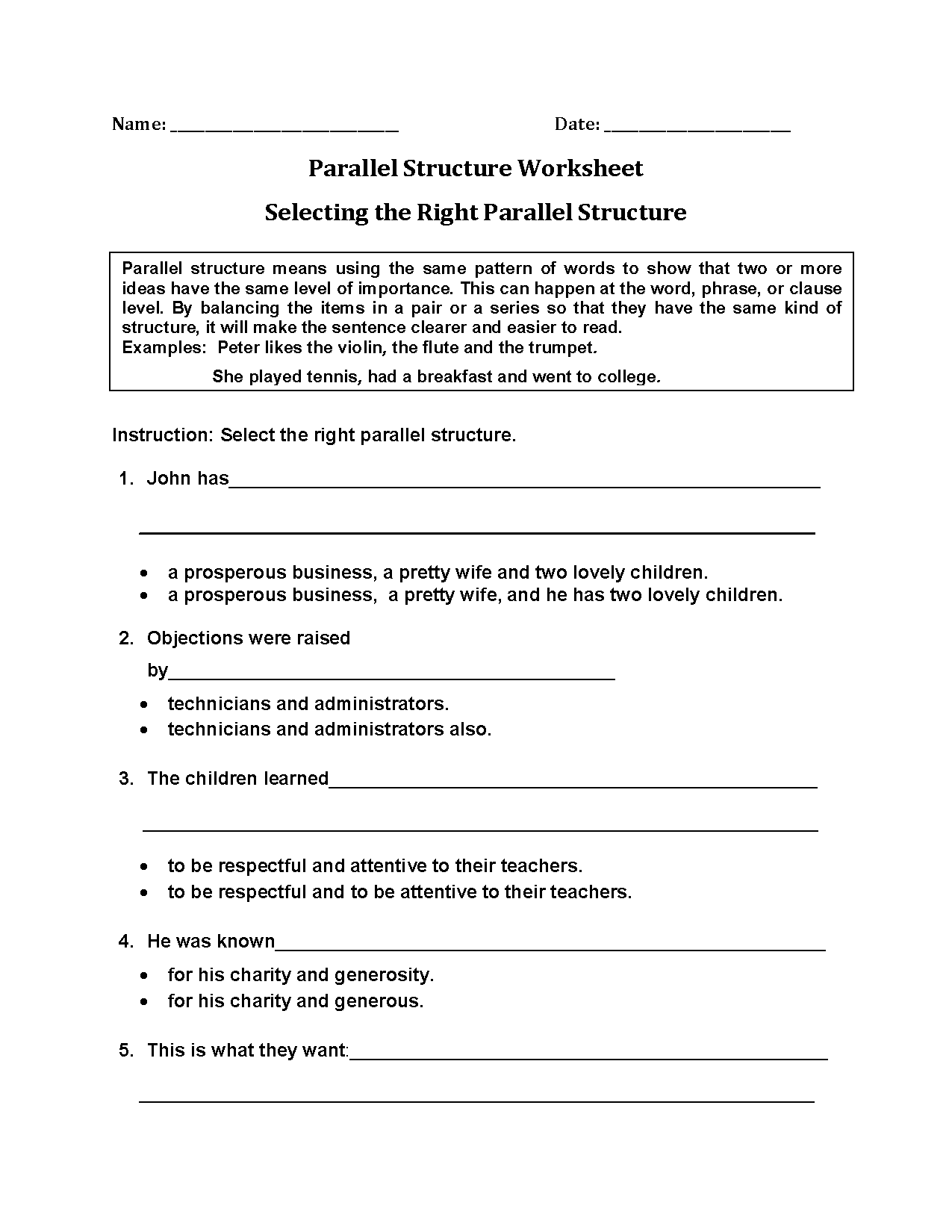 Selecting Right Parallel Structure Worksheets