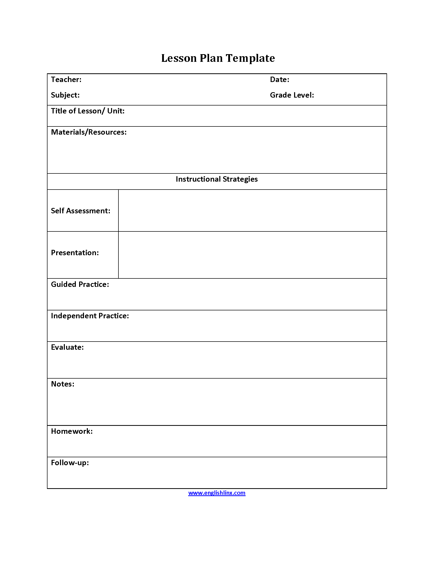 Self Assessment Lesson Plan Template