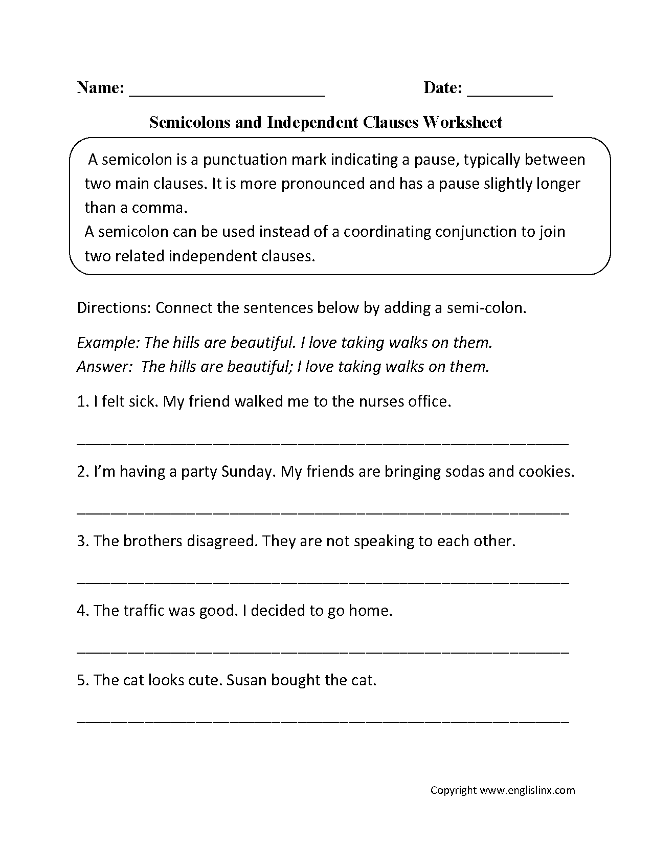 Semicolon and Independent Clause Worksheet