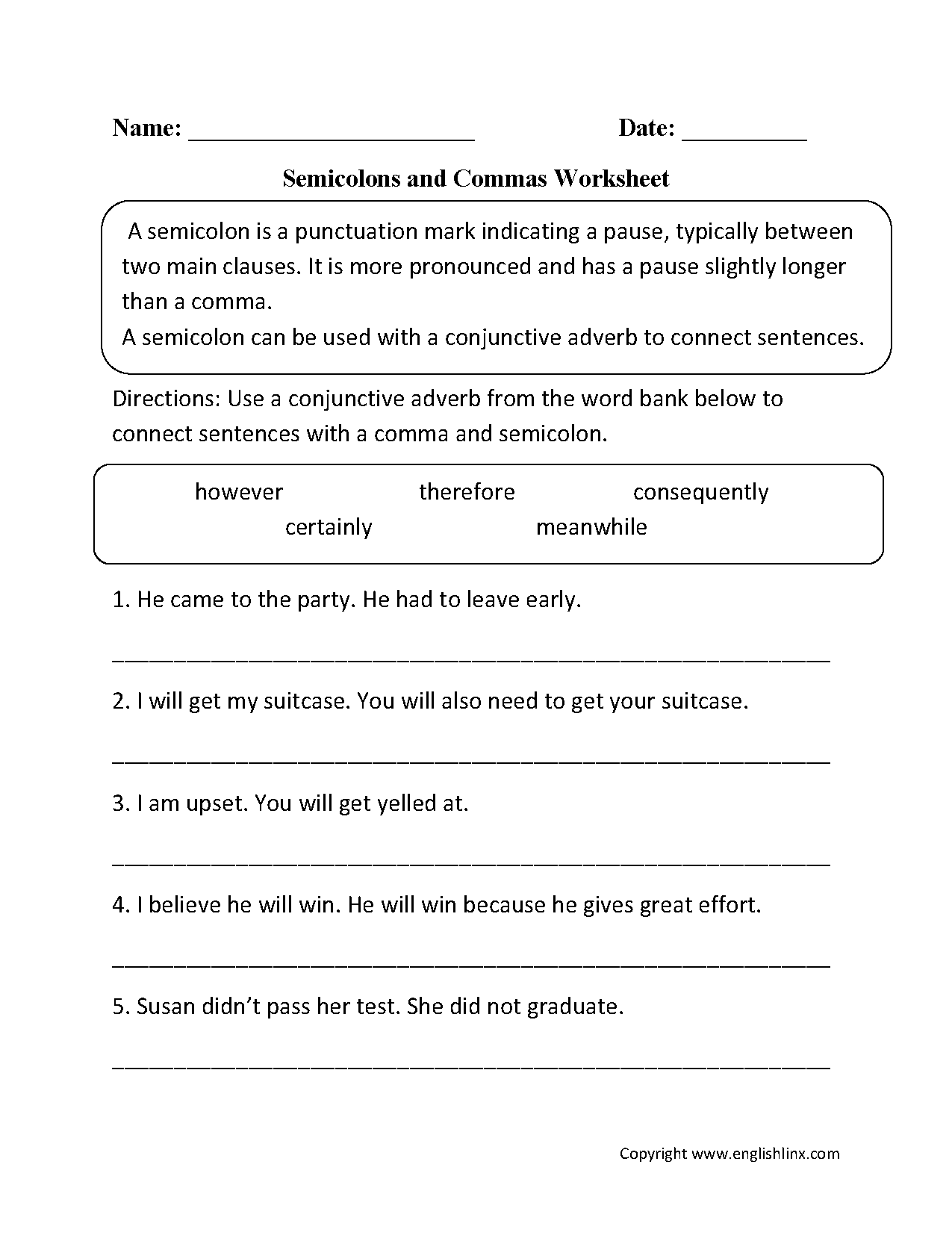 Semicolon and Commas Worksheet