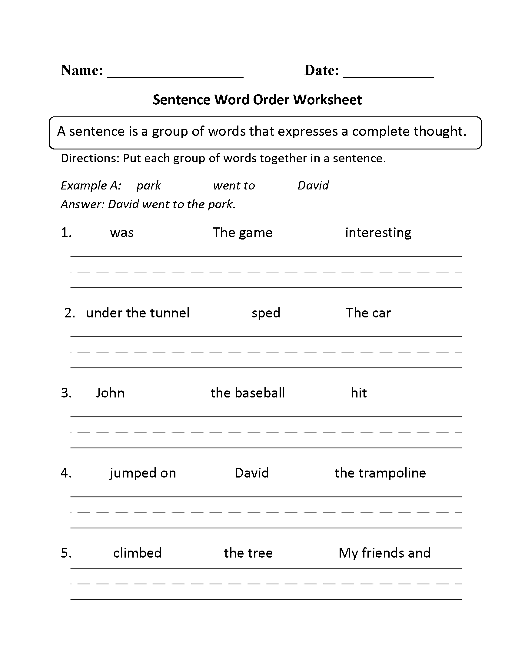 Sentence Building Worksheets