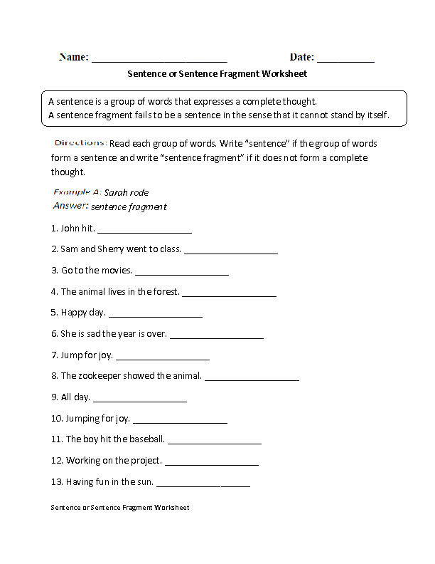 Sentence And Sentence Fragment Worksheets