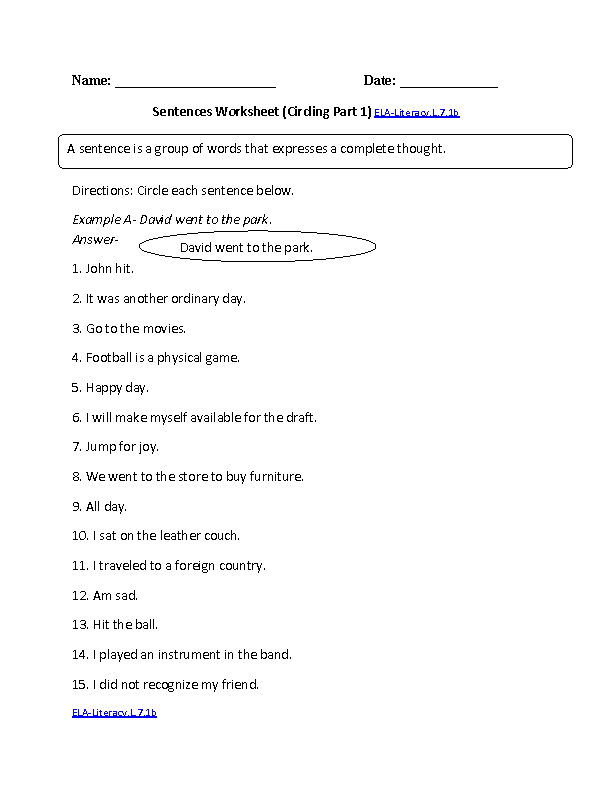 Simple Sentences Worksheet ELA-Literacy.L.7.1b Language Worksheet
